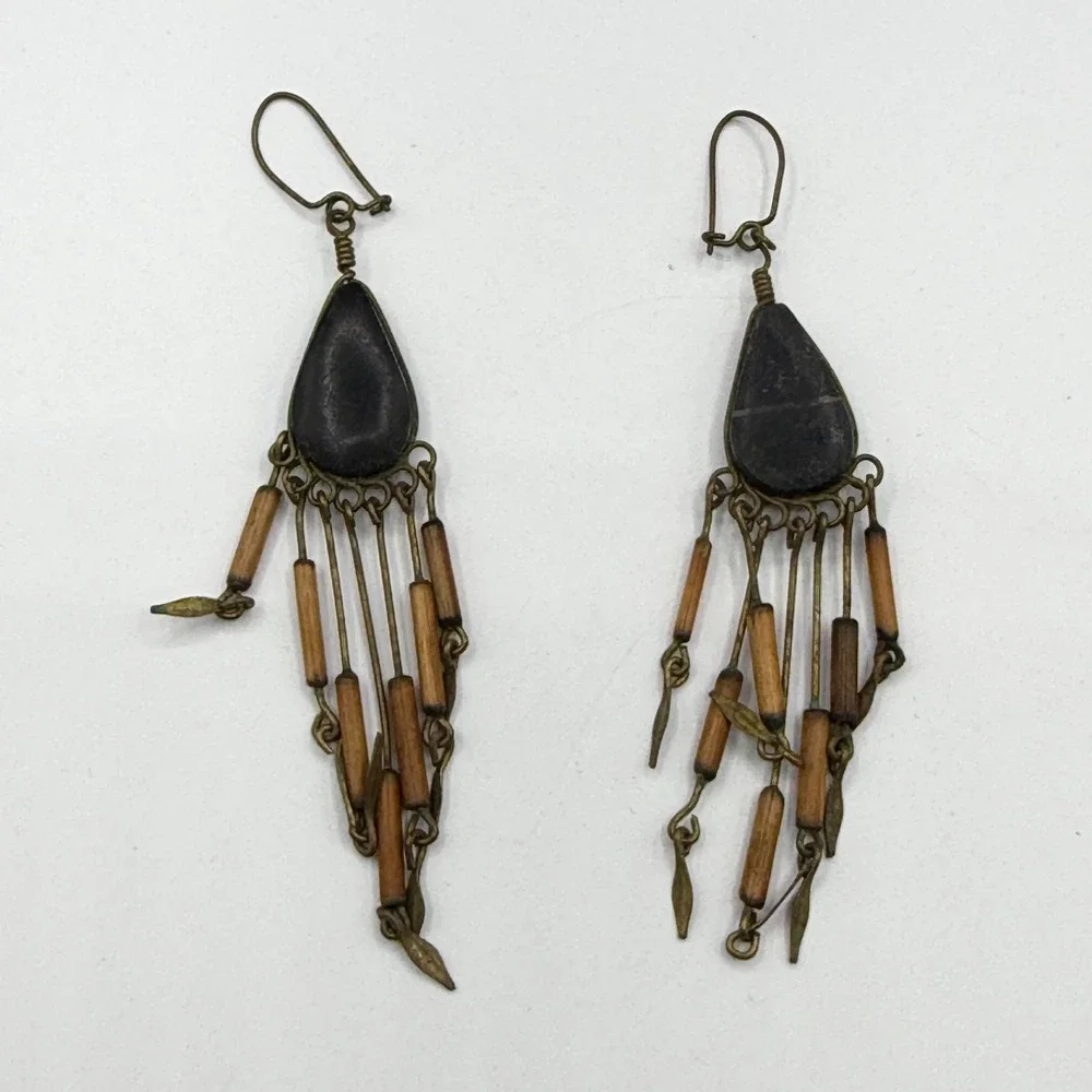 Black Teardrop Wood Bead Brass Tone Chandelier Dangle Boho Earrings Pierced Gift